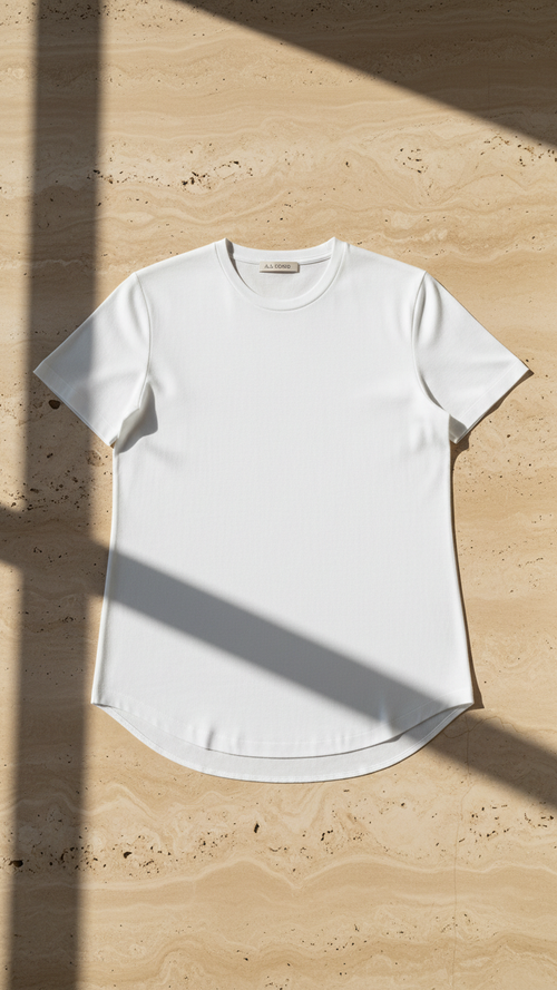 White t-shirt on a beige stone surface